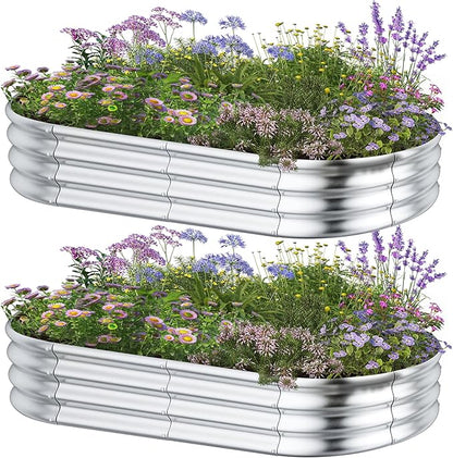 HOOPLE 2 Pack Raised Garden Bed 4x2x1FT, Galvanized Metal Raised Garden Bed Outdoor, Oval Design with Open Base for Better Drainage, Compact Garden Bed for Vegetables, Herbs & Flowers