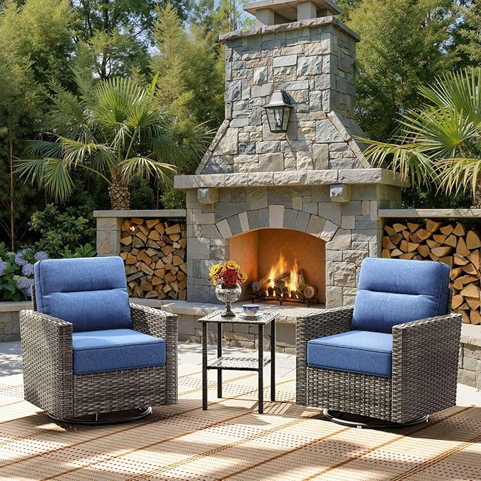 Luxury 3-Piece Patio Furniture Set with 6-Inch Thick Cushions, Outdoor Swivel Rocker Chairs and Table, Wicker Conversation Set for Porch, Deck, Balcony, Yard in Blue