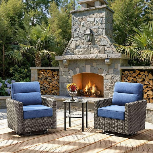 Luxury 3-Piece Patio Furniture Set with 6-Inch Thick Cushions, Outdoor Swivel Rocker Chairs and Table, Wicker Conversation Set for Porch, Deck, Balcony, Yard in Blue