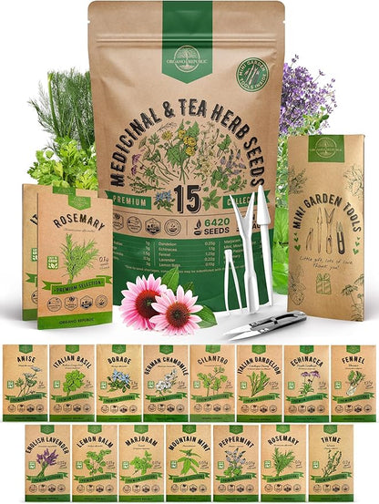 Organo Republic 15 Medicinal & Tea Herb Seeds Variety Pack 6,420+ Non-GMO Heirloom Garden Seeds for Indoor & Outdoors, Including Anise, Borage, Cilantro, Chamomile, Dandelion, Rosemary Seeds