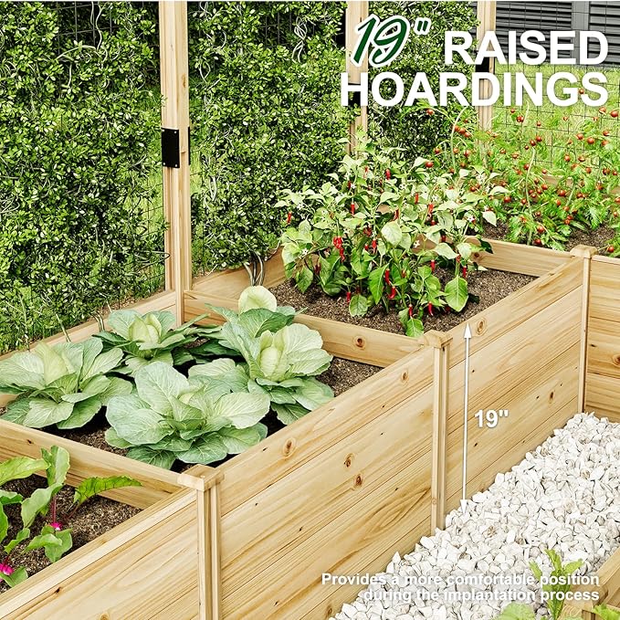 AMERLIFE Raised Garden Bed with Deer Proof Fence, 7.5Wx12Dx6H Outdoor Wooden Raised Garden Bed Planter with 19" Depth Planter Box