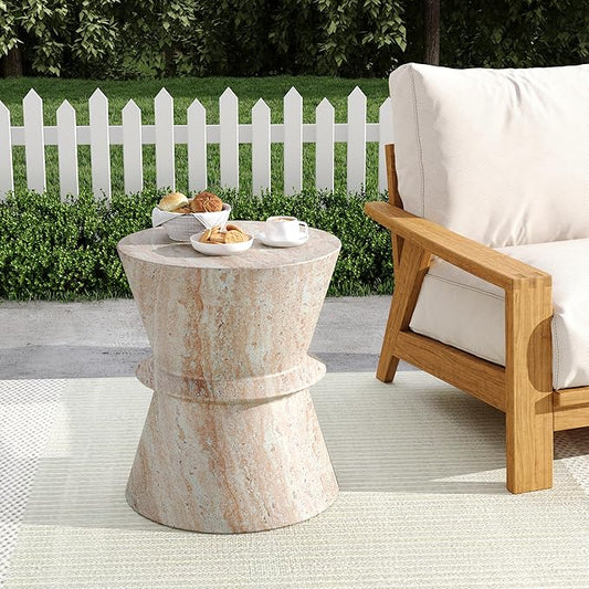 Christopher Knight Home Jaym 18.00" H Indoor Outdoor Accent Side Table, Patio Decorative End Table, Hourglass-Shaped Lightweight Concrete Garden Stool for Patio Balcony & Garden Decor, Travertine