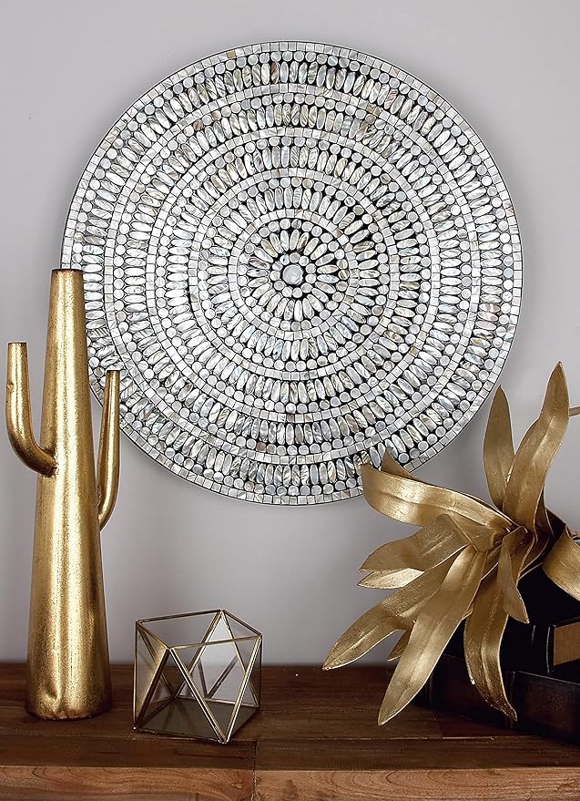 Deco 79 Mother of Pearl Shell Plate Handmade Home Wall Decor Mosaic Wall Sculpture, Wall Art 27" x 3" x 27", Silver