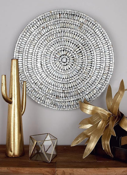 Deco 79 Mother of Pearl Shell Plate Handmade Home Wall Decor Mosaic Wall Sculpture, Wall Art 27" x 3" x 27", Silver