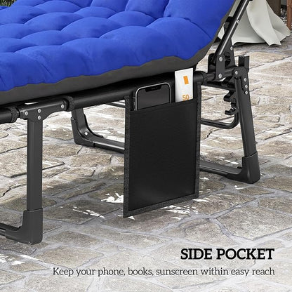 Outsunny Chaise Lounge Chair Outdoor, 5-Position Reclining Pool Lounge Chair with Cushion, Side Pocket, Headrest, Folding Lounger Tanning Chair Camping Cot for Patio, Beach, Dark Gray/Blue