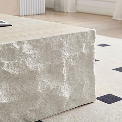 kevinplus ø35.43'' Square Coffee Table for Living Room, Modern Drum Circle Stone Coffee Table, Fiberglass Material, No Assembly, Beige