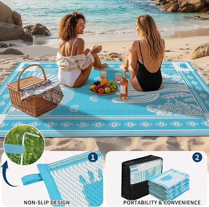 Garvee Reversible Teal Blue Outdoor Rug 8x10 for Patio, Waterproof Outdoor Area Rug, Modern Desert Botanical Indoor Outdoor Rugs, Plastic Straw Rug for RV, Camping, Deck, Cactus