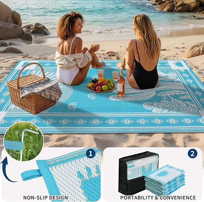 Garvee Waterproof Outdoor Rug 5x8, Cactus Botanical Outdoor Plastic Straw Rug for Camping, Reversible RV Mat Outside, Indoor Outdoor Carpet for Porch, Deck, Backyard, Balcony, Teal Blue