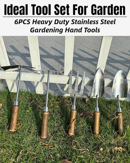 Garden Tool Set, 6PCS Heavy Duty Stainless Steel Gardening Hand Tools with Ropes, Includes Hand Cultivator Shovel Trowel Transplanter 2-in-1 Hoe Pruner Ideal Gardening Gifts for Women Men (Upgrade)