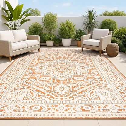 JONATHAN Y Medallion Weave Indoor Outdoor Area Rug 4X6 Orange/Cream, Sinjuri Textured for Backyard, Patio, Porch, Easy-Cleaning, High Traffic, Pet-Friendly, Non-Shedding (SMB101F-4)