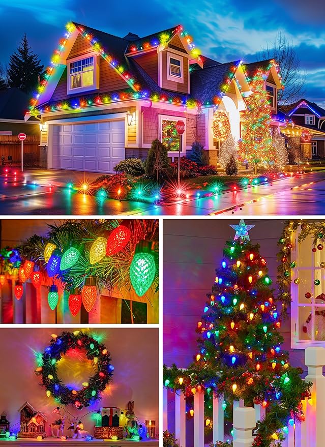 Solar Christmas Lights Outdoor, 50 LED C9 Strawberry String Lights with Timer & 8 Light Mode, Waterproof Solar Christmas Tree Lights for Outside Garden Patio Party Christmas Decoration, Multicolor
