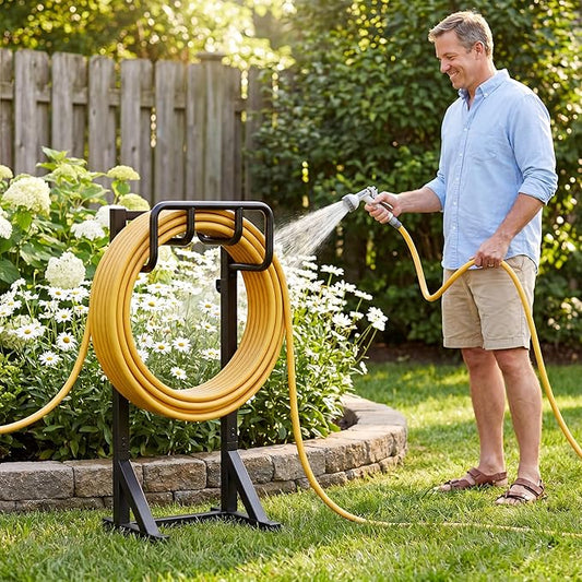 Garden Hose Holder Stand, Freestanding Heavy Duty Metal Hose Holder with Stable Base and Tool Hooks, Rustproof Water Hose Storage Rack for Outside Yard Lawn