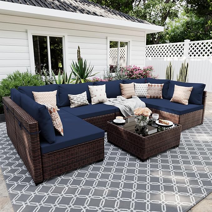 UPHA 7 Pieces Patio Furniture Sets Outdoor Sectional Sofa Wicker Conversation Couch for Decks, Backyards, Gardens, Brown Rattan, Navyblue Cushion