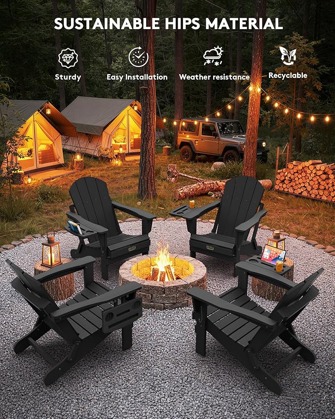 SERWALL Foldable Adirondack Chair Set of 2, Adirondack Chairs with 4 in 1 Multi-Functional Cup Holder, Weather Resistant Plastic Chair for Patio Garden Outdoors Fire Pit-Blue