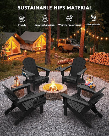 SERWALL Foldable Adirondack Chair Set of 2, Adirondack Chairs with 4 in 1 Multi-Functional Cup Holder, Weather Resistant Plastic Chair for Patio Garden Outdoors Fire Pit-Blue
