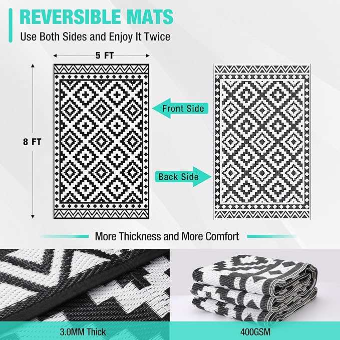 HAUSHOF 5'X8' Outdoor Rug Waterproof, Black&White | Camping, Beach, Deck, Porch, Balcony