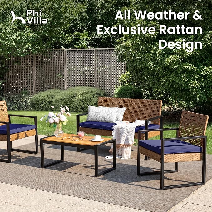 PHI VILLA Patio Wicker Furniture Set for 4, Brown Rattan Loveseat & Chairs with Blue Cushions & Acacia Wood Coffee Table, Outdoor Modern Sectional Conversation Sofa Set for Deck, Yard, Porch