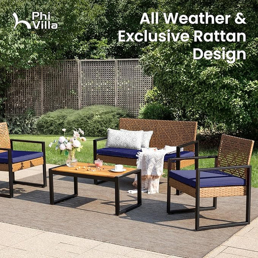 PHI VILLA Patio Wicker Furniture Set for 4, Brown Rattan Loveseat & Chairs with Blue Cushions & Acacia Wood Coffee Table, Outdoor Modern Sectional Conversation Sofa Set for Deck, Yard, Porch