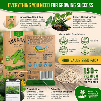 Organo Republic Dark Green Zucchini Seeds Pack 15 G - Over 150 Non-GMO Heirloom Zucchini Seeds for Planting Vegetable in Individual Seed Packet, Vegetable Seeds for Planting Indoor & Outdoor Gardening
