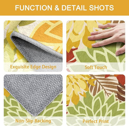 Colorful 5x8 Outdoor Area Rug Washable Multicolored Patio Rug Tropical Botanical Floral Chenille Waterproof Outdoor Carpet for Living Room, Deck, Backyard, Porch, Orange