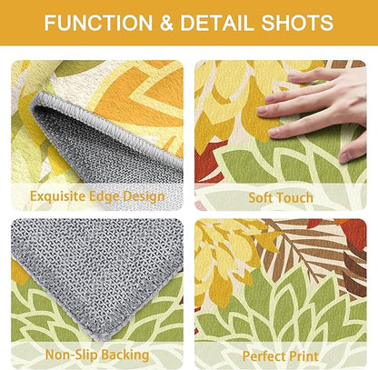 Colorful 8x10 Outdoor Area Rug Washable Multicolored Patio Rug Tropical Botanical Floral Chenille Waterproof Outdoor Carpet Non-Slip for Deck, Backyard, Porch, Orange
