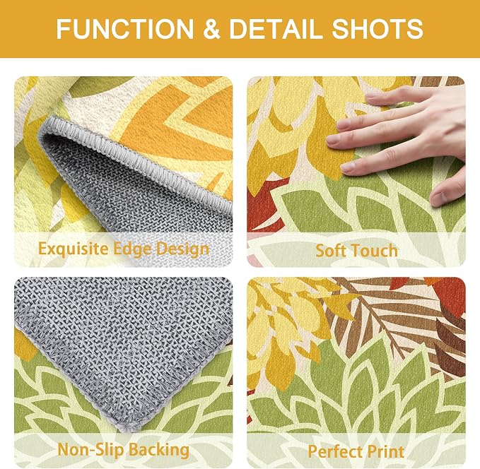 Colorful 2x6 Washable Runner Rug for Hallway Tropical Botanical Modern Floral Chenille Kitchen Rugs Low Pile Non Slip Carpet for Patio, Bedroom, Laundry, Orange