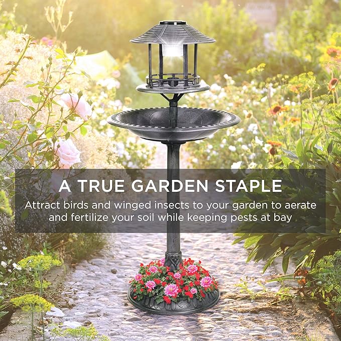 Best Choice Products Solar Outdoor Bird Bath Vintage Resin Pedestal Fountain Decoration for Yard, Garden w/Planter Base, Feeder, Decorative Bird Cage, Fillable Stand - Stone