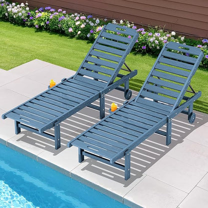 SERWALL Patio Chaise Lounge Set of 2, Outdoor Lounger with Cup Holder and Rolling Wheels, HDPE Pool Chaise for Poolside, Deck, Sunbathing, Blue
