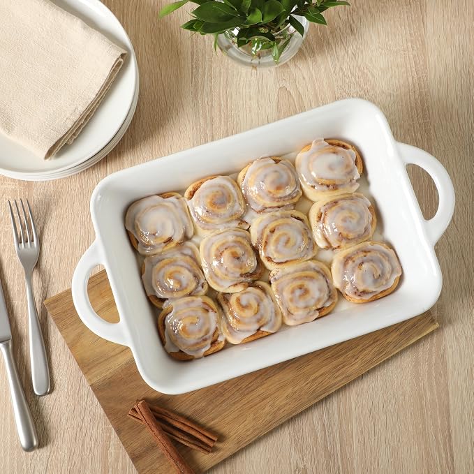 Gibson Home Gracious Dining 2.5-Quart White Stoneware Baking Dish with Handles – 14.6 x 8.5-Inch Rectangular Oven Safe Casserole & Roasting Baker