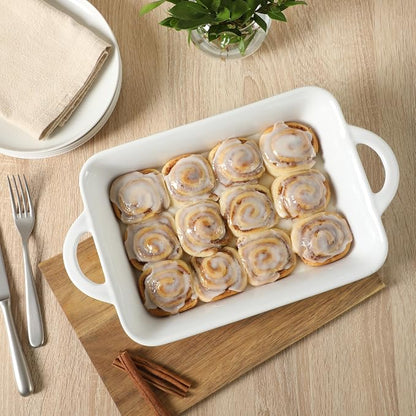 Gibson Home Gracious Dining 2.5-Quart White Stoneware Baking Dish with Handles – 14.6 x 8.5-Inch Rectangular Oven Safe Casserole & Roasting Baker