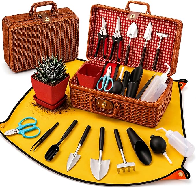 Bonsai & Indoor Plant Tool Set for Beginners, Plant Repotting Kit with Gardening Tools, Repotting Mat, Wicker Basket, Mini Pots & Indoor Gardening Gift for Women & Men