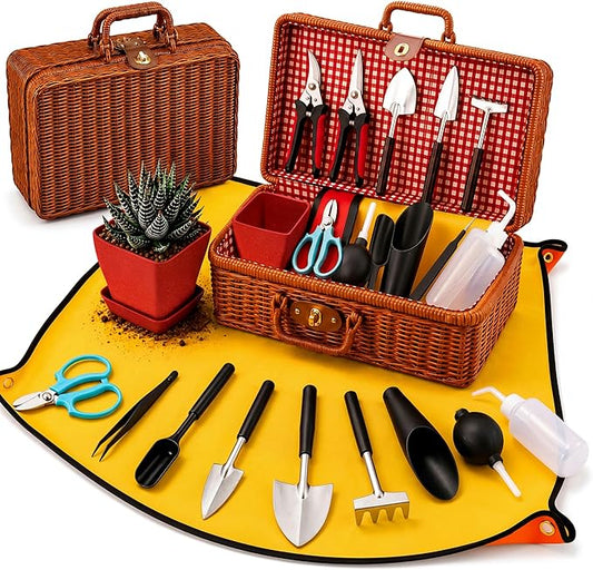 Bonsai & Indoor Plant Tool Set for Beginners, Plant Repotting Kit with Gardening Tools, Repotting Mat, Wicker Basket, Mini Pots & Indoor Gardening Gift for Women & Men