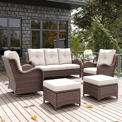 LayinSun 6 Pieces Outdoor Patio Furniture Set, Rattan Wicker Sectional Swivel Rocker Chairs Sets with Ottomans, Swivel Glider Chairs, and Coffee Table
