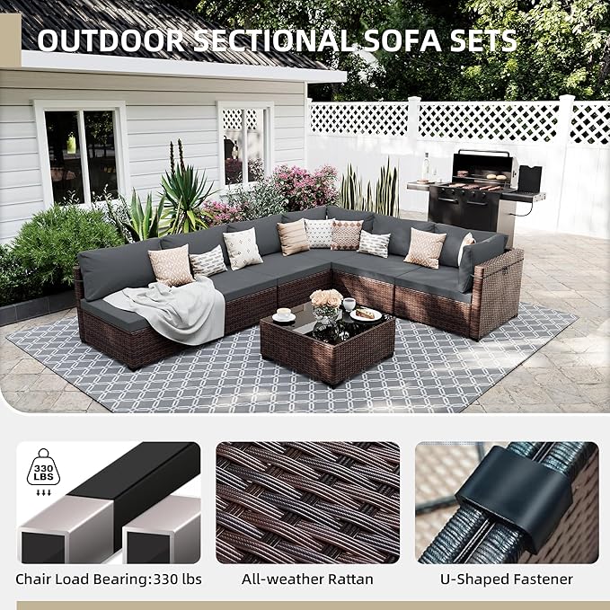 UPHA 10 Pieces Patio Furniture Sets Outdoor Sectional Sofa Wicker Conversation Couch with Bistro Swivel Chair for Decks, Backyards, Gardens, Brown Rattan, Dark Gray Cushion