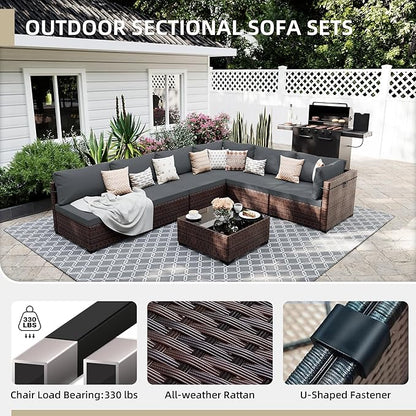 UPHA 10 Pieces Patio Furniture Sets Outdoor Sectional Sofa Wicker Conversation Couch with Bistro Swivel Chair for Decks, Backyards, Gardens, Brown Rattan, Dark Gray Cushion