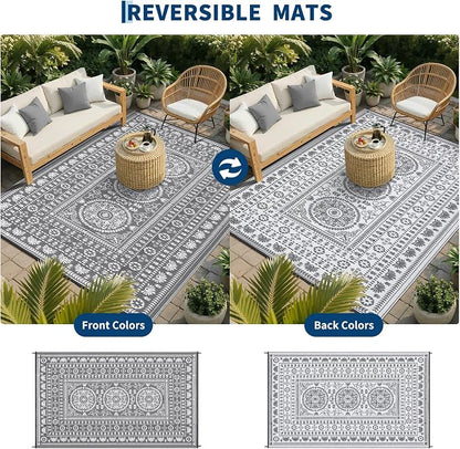 Garvee Reversible Outdoor Rug 9x18 for Patio, Waterproof Outdoor Area Rug, Modern Medallion Indoor Outdoor Rugs, Plastic Straw Rug for RV, Camping, Deck, Vintage Grey