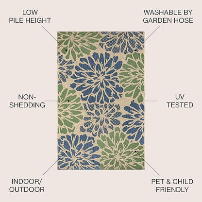 JONATHAN Y Floral Textured Weave Indoor Outdoor Square Area Rug 8X8 Navy/Green, Zinnia Modern for Backyard, Patio, Porch, Easy-Cleaning, High Traffic, Pet-Friendly, Non-Shedding (SMB110B-8SQ)