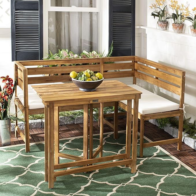 SAFAVIEH PAT6754A Collection Wilton Teak and Navy Balcony Corner Lounge Outdoor Set