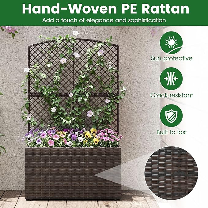 Giantex Raised Garden Bed with Trellis, 49'' Tall PE Rattan Planter Box w/Liner & Drainage, Metal Frame Privacy Screen for Vertical Climbing Plants, Vegetables & Flowers, Patio Balcony Gardening
