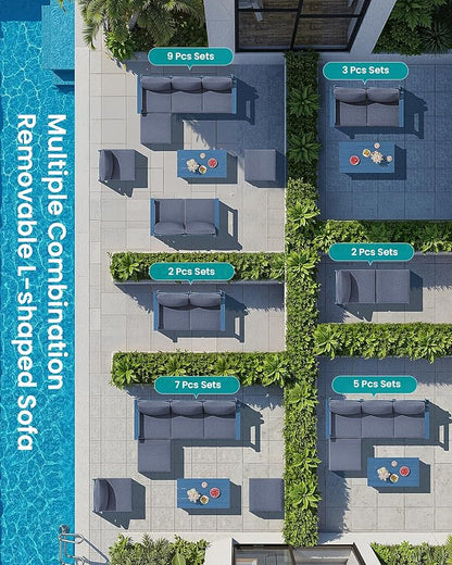 SERWALL 7 Pieces HDPE Patio Furniture Set with with 15FT Double Side Patio Umbrella, Patio Conversation Set, All-Weather Modular Patio Sofa Set for Deck, Garden, Porch, Black Frame with Grey Cushion
