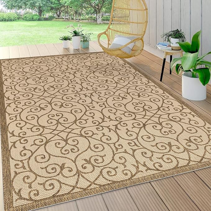 JONATHAN Y Vintage Filigree Indoor Outdoor Area Rug 4X6 Beige/Brown, Madrid Textured Weave for Backyard, Patio, Porch, Easy-Cleaning, High Traffic, Pet-Friendly, Non-Shedding (SMB107B-4)