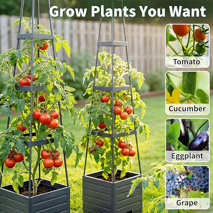 Tomato Planter with Trellis, 57 Inch Self-Watering Planter Box 2-Pack, Grey Planter with Metal Support for Outdoor Indoor Climbing Plants