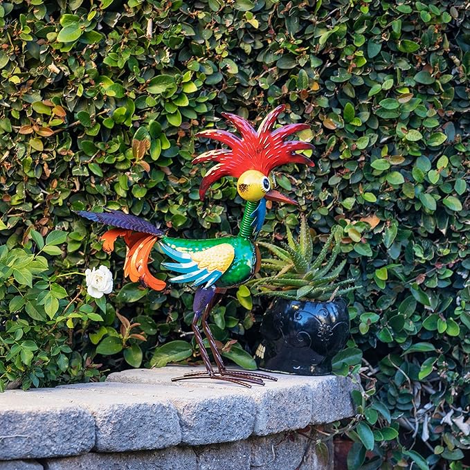 Alpine Corporation | 18" Tall Wacky Metal Rooster Yard Statue – Colorful Indoor/Outdoor Farm Animal Décor for Garden, Patio, Lawn, or Porch