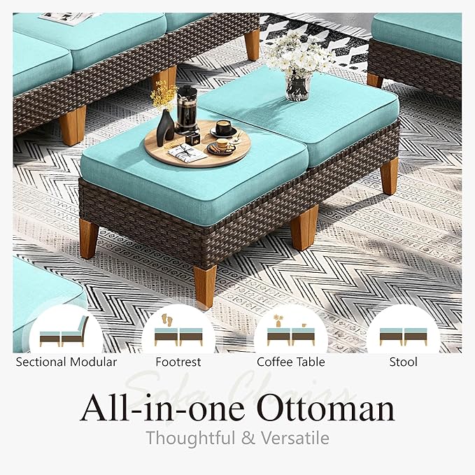Sophia & William Patio Furniture Set with Fire Pit Table, 8 Piece Outdoor Wicker Conversation Set, Large Rattan Sectional Sofa with Ottoman & 56" Fire Pit Table(Aqua Blue)