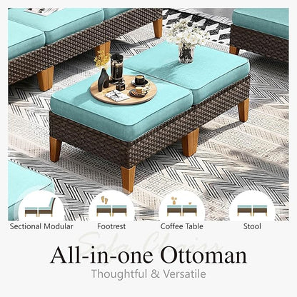 Sophia & William Patio Furniture Set with Fire Pit Table, 8 Piece Outdoor Wicker Conversation Set, Large Rattan Sectional Sofa with Ottoman & 56" Fire Pit Table(Aqua Blue)