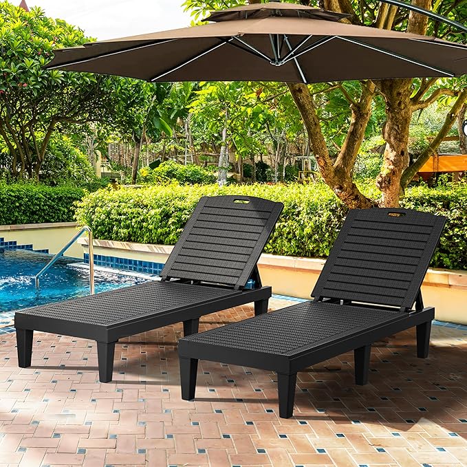 YITAHOME Outdoor Chaise Lounge Chair, Plastic Pool Chaise Lounge with 5-Position Backrest, Easy Assembly & Waterproof for Patio & Poolside, Set of 4, Black