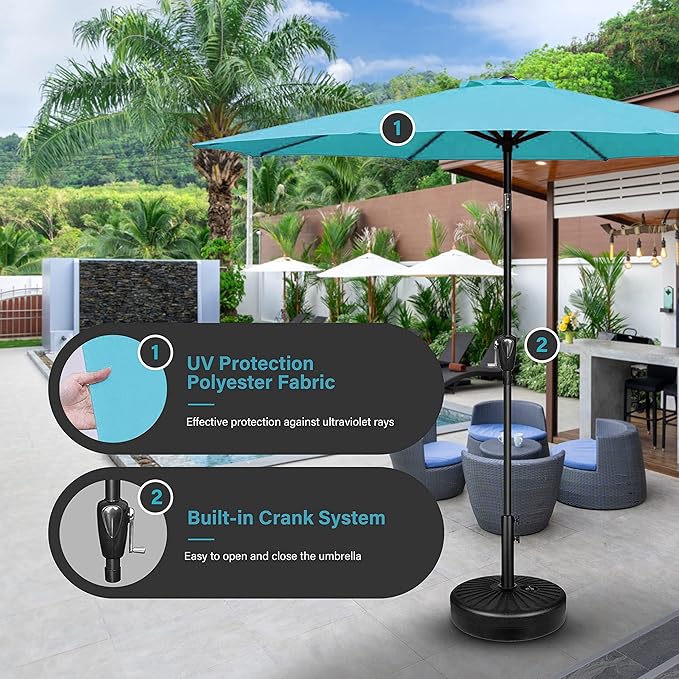 Simple Deluxe 2 Pack 9ft Patio Umbrella Outdoor Table Market Umbrella, 8 Sturdy Ribs for Garden, Deck, Backyard, Pool, Turquoise