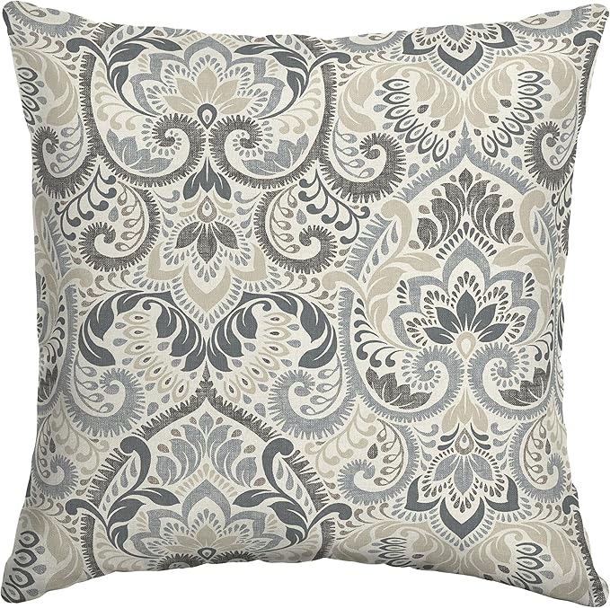 Arden Outdoor Throw Pillow, 16x16 Patio Accent Cushion, Water & UV Resistant, Fade Resistant Outdoor Decorative Pillow with Recycled Polyfiber Fill, Neutral Aurora Damask