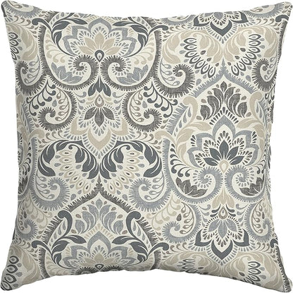 Arden Outdoor Throw Pillow, 16x16 Patio Accent Cushion, Water & UV Resistant, Fade Resistant Outdoor Decorative Pillow with Recycled Polyfiber Fill, Neutral Aurora Damask
