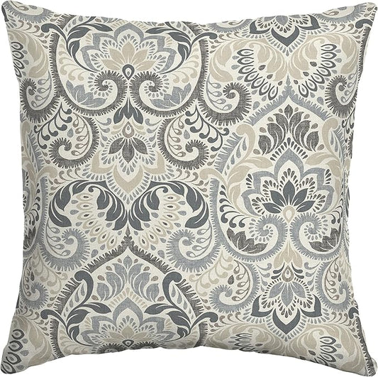 Arden Outdoor Throw Pillow, 16x16 Patio Accent Cushion, Water & UV Resistant, Fade Resistant Outdoor Decorative Pillow with Recycled Polyfiber Fill, Neutral Aurora Damask